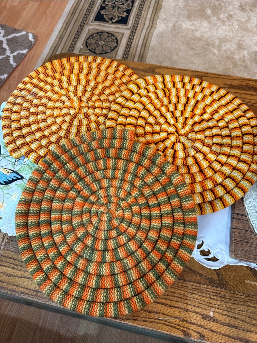 Vintage 70s Style Crochet Trivet Hot Pad Set Retro Autumn Fall Colors